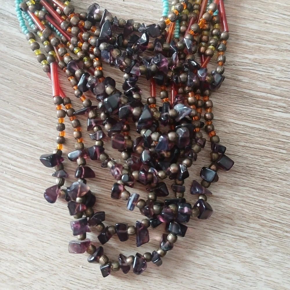Colorful Peyote Multi-Stand Seed Bead Bohemian Necklace Native American Artistic